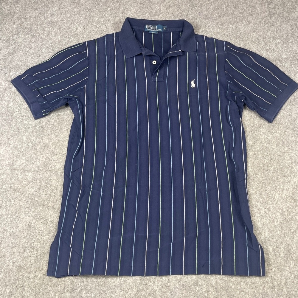VTG Polo Ralph Lauren Mens Pima Cotton Striped Polo Shirt Navy Blue Mens Medium